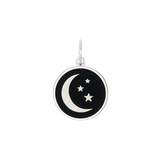 A Lola Black silver pendant featuring a blue crescent moon and five stars against a transparent background. Available at Be Charmed