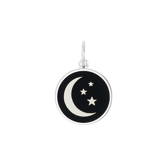A Lola Black silver pendant featuring a blue crescent moon and five stars against a transparent background. Available at Be Charmed