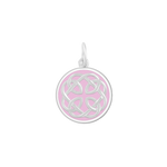 A Lola silver pendant with an enamel inlay design, featuring a geometric pattern and the text 'I loved her first'. Available at Be Charmed
