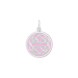 A Lola silver pendant with an enamel inlay design, featuring a geometric pattern and the text 'I loved her first'. Available at Be Charmed