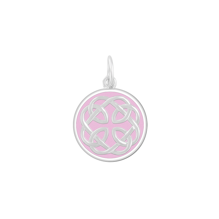 A Lola silver pendant with an enamel inlay design, featuring a geometric pattern and the text 'I loved her first'. Available at Be Charmed