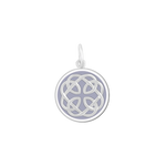 A Lola silver pendant with an lavender enamel inlay design, featuring a geometric pattern and the text 'I loved her first'. Available at Be Charmed