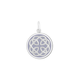 A Lola silver pendant with an lavender enamel inlay design, featuring a geometric pattern and the text 'I loved her first'. Available at Be Charmed