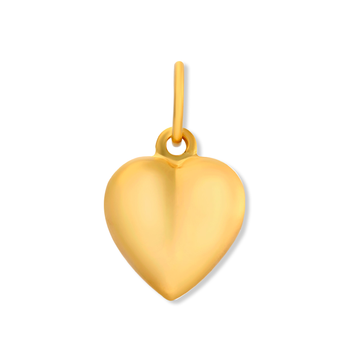 A Gold Lola pendant in the shape of a puffy heart, with a loop on top for attachment. Available at Be Charmed