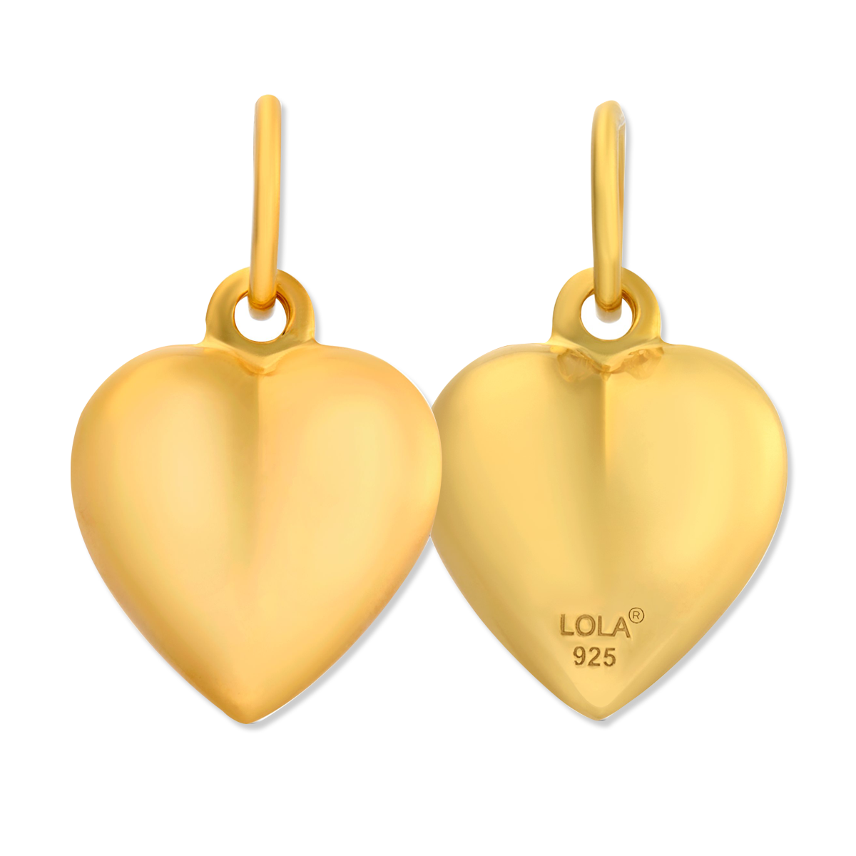 Lola Gold Puffy Heart pictured front and back. Available at Be Charmed