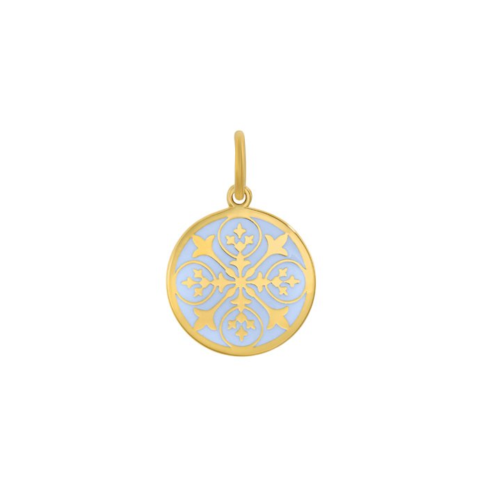 A gold Lola pendant with a lavender enamel fleur-des-lis design. Available at Be Charmed