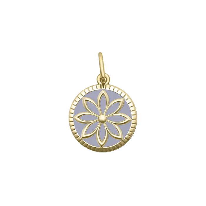 Lola Lavender Daisy All Gold pendant featuring floral designs in 24K gold-plated sterling silver with enamel inlay.  Available at Be Charmed.