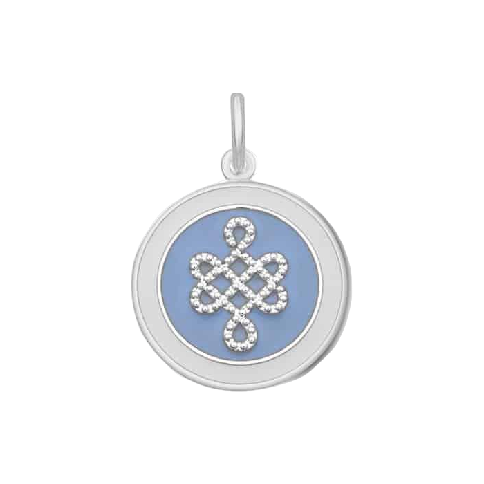 A Lola sterling silver pendant with a lavender enamel inlay in the shape of a mother and daughter. Available Be Charmed