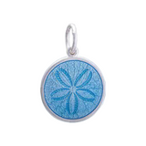 A sterling silver pendant with a light blue enamel inlay, featuring an engraved design resembling a sand dollar. Available at Be Charmed