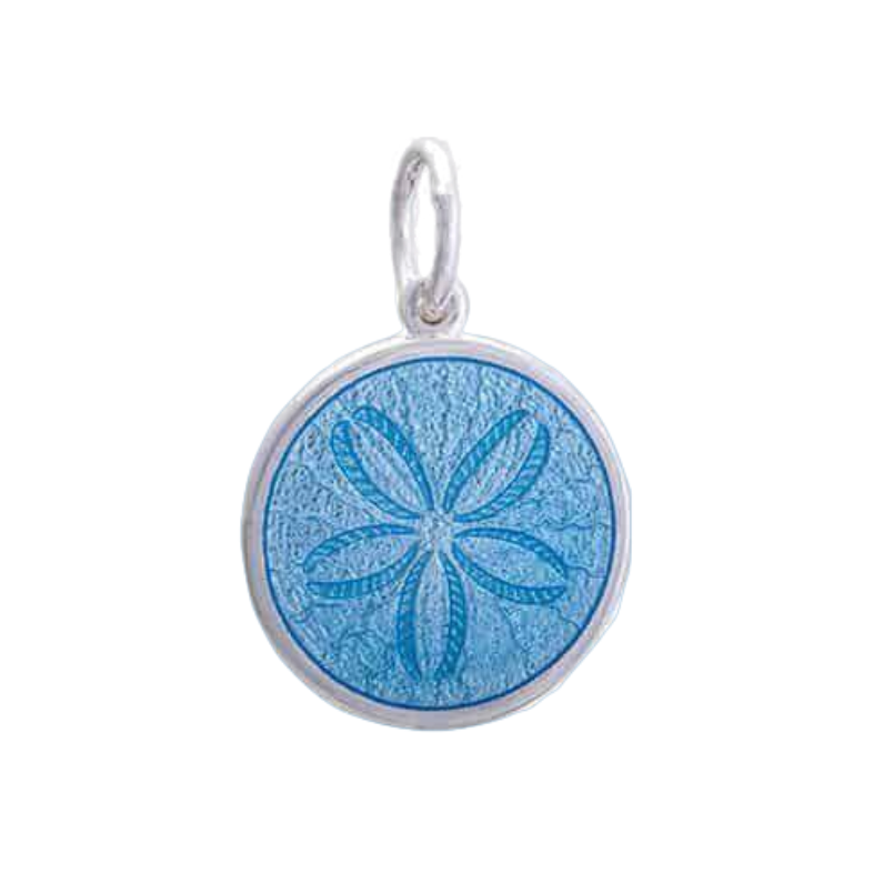 A sterling silver pendant with a light blue enamel inlay, featuring an engraved design resembling a sand dollar. Available at Be Charmed