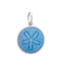 A sterling silver pendant with a light blue enamel inlay, featuring an engraved design resembling a sand dollar. Available at Be Charmed