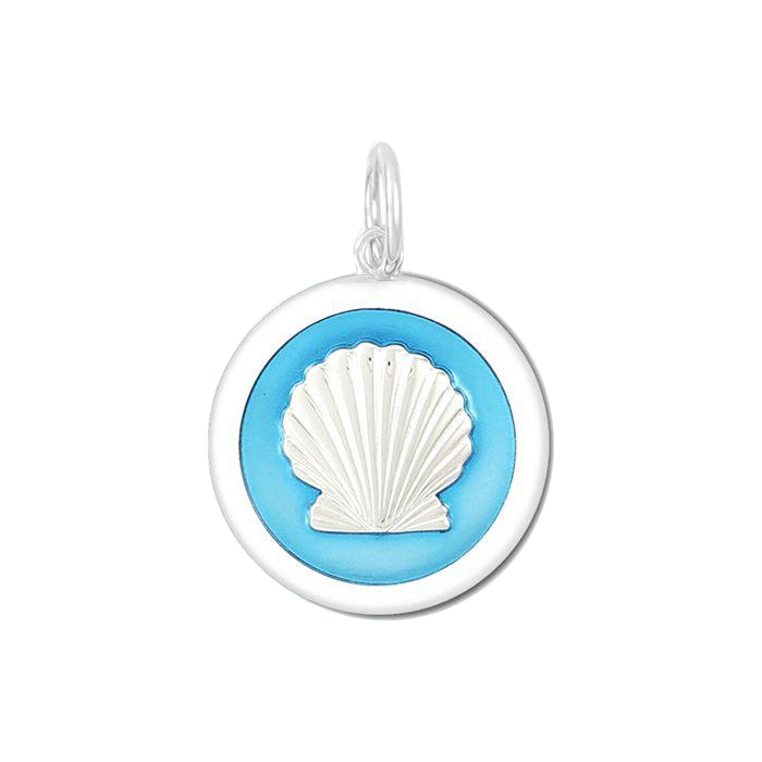 A sterling silver Lola pendant with a light blue enamel inlay in the shape of a seashell. Available at Be Charmed