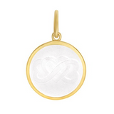 A mother son gold pendant with a white enamel inlay in the shape of a heart, with a loop for a chain attachment at the top. Available at Be Charmed