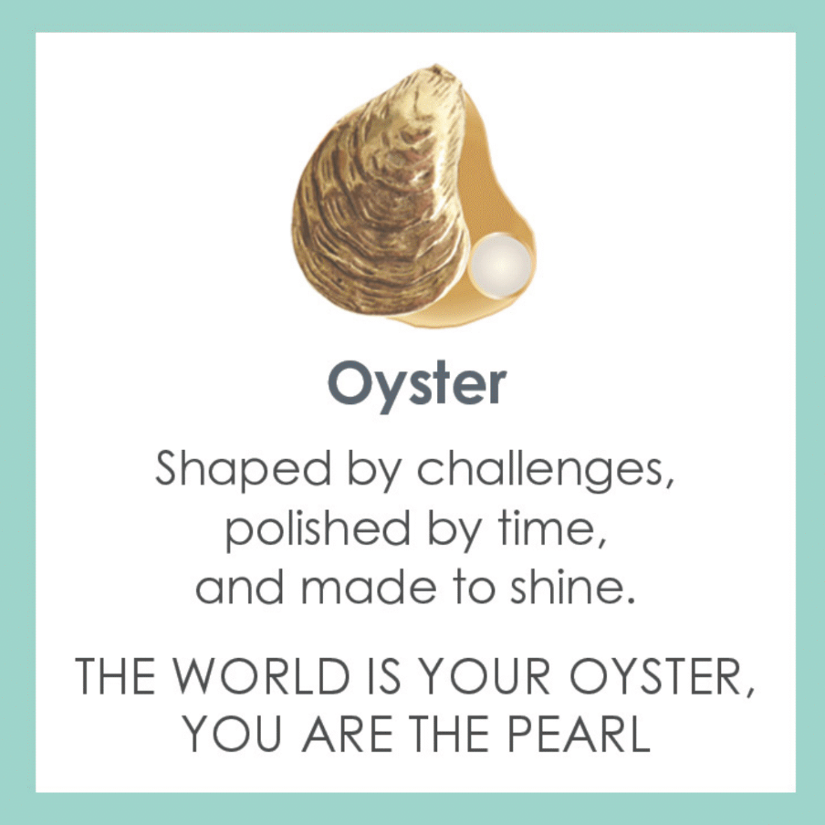 Lola Oyster  All Gold Pendant description card  Available at Be Charmed.