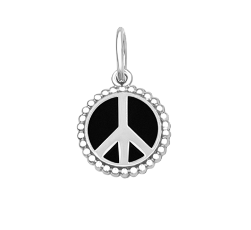 Black Lola silver peace sign pendant necklace with classic symbolic design, meaningful everyday jewelry, Available at Be Charmed