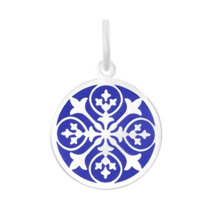 Decorative Indigo lola pendant with pattern on a white background. Available at Be Charmed
