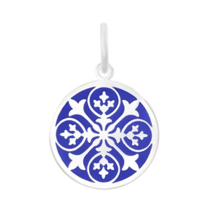 Decorative Indigo lola pendant with pattern on a white background. Available at Be Charmed