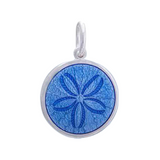 A sterling silver pendant with a periwinkl enamel inlay, featuring an engraved design resembling a sand dollar. Available at Be Charmed