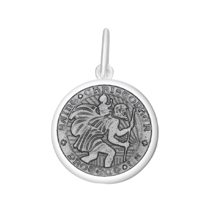 Lola Pewter St. Christopher pendant necklace symbolizing protection and safe travels, meaningful religious jewelry gift for travelers, Available at Be Charmed