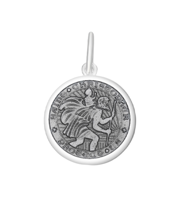 Lola Pewter St. Christopher pendant necklace symbolizing protection and safe travels, meaningful religious jewelry gift for travelers, Available at Be Charmed