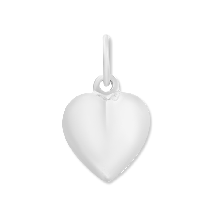 A Lola silver pendant in the shape of a puffy heart, with a loop on top for attachment. Available at Be Charmed