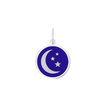 A Lola Royal Blue silver pendant featuring a blue crescent moon and five stars against a transparent background. Available at Be Charmed