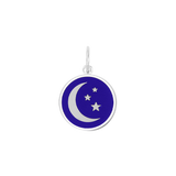 A Lola Royal Blue silver pendant featuring a blue crescent moon and five stars against a transparent background. Available at Be Charmed