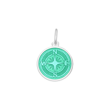 A sterling silver pendant with a blue enamel inlay designed to resemble a compass. Available at Be Charmed