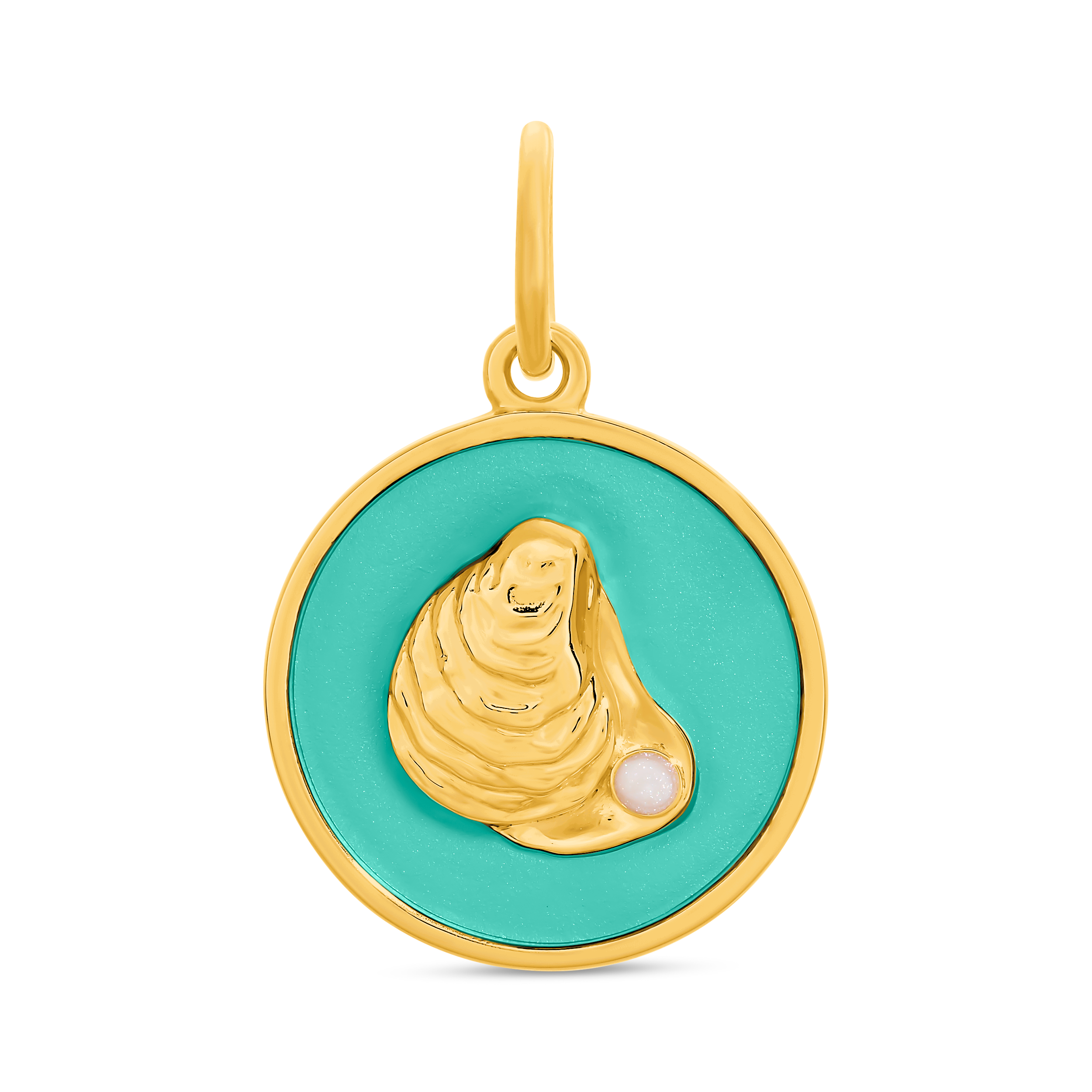 Lola Oyster Seafoam All Gold Pendant featuring oyster shell designs in 24K gold-plated sterling silver with enamel inlay. Available at Be Charmed.