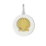 Lola alpine white A gold-plated, round pendant featuring a shell design on a white background. Available at Be Charmed