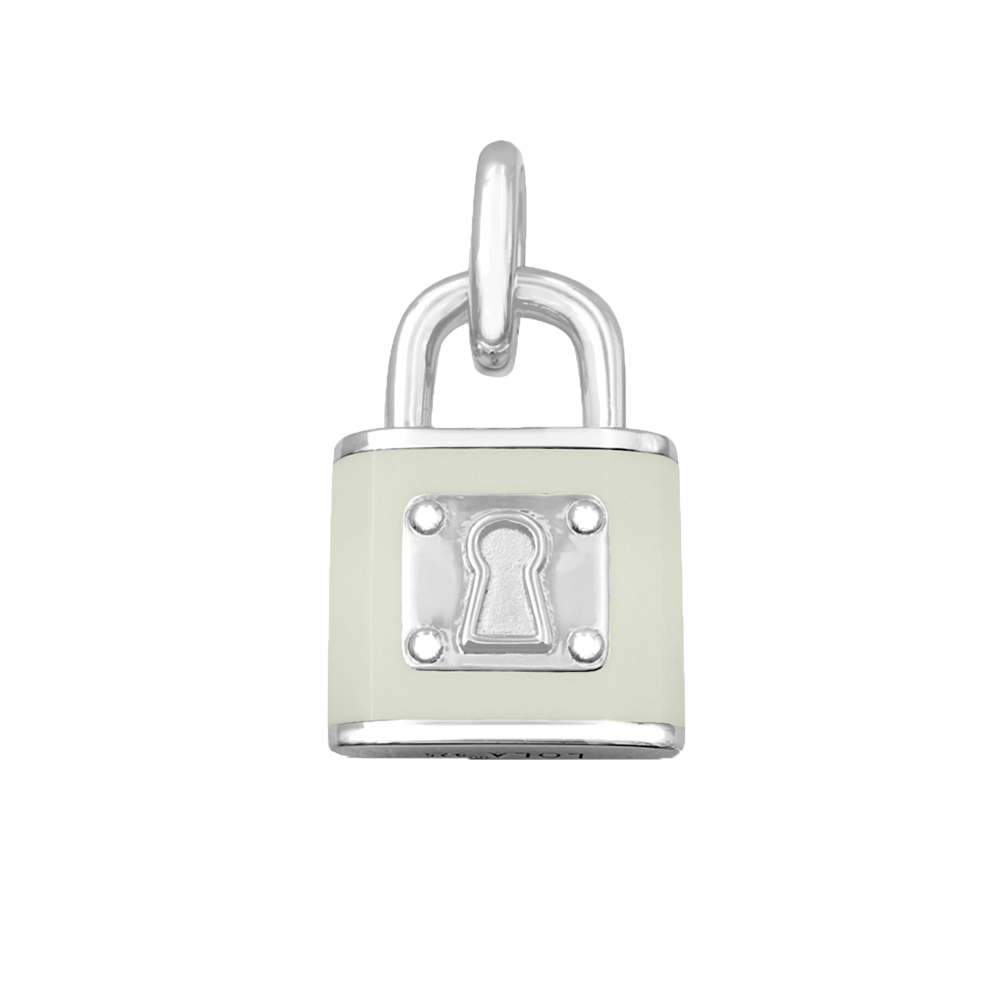 A Lola Alpine White sterling silver padlock-shaped pendant with a keyhole, predominantly silver in color. Available at Be Charmed