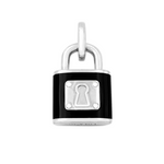 A Lola Black sterling silver padlock-shaped pendant with a keyhole, predominantly silver in color. Available at Be Charmed