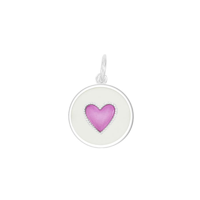 A Lola heart-shaped pendant with a Vintage PInk and white color scheme. Available at Be Charmed