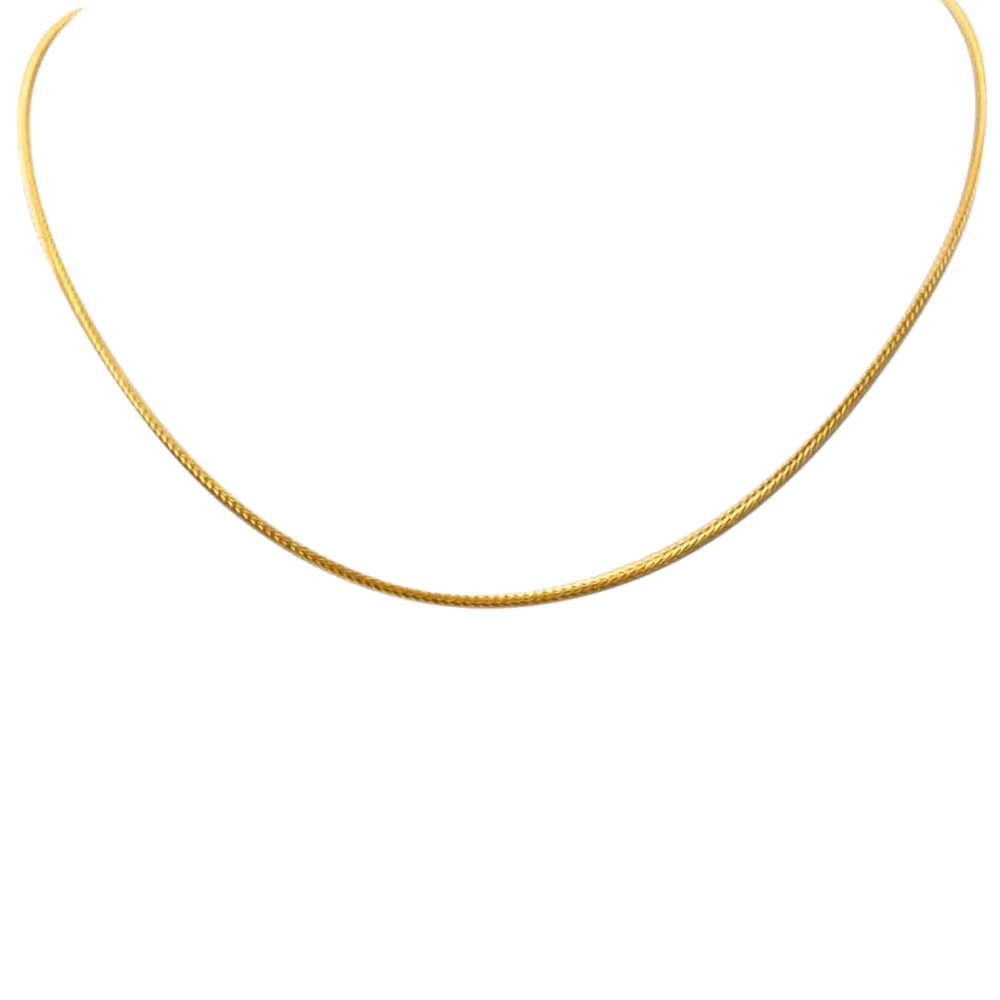 A gold wheat chain necklace with a thin design, likely made from 24 karat gold plate over 925 sterling silver. Available at Be Charmed