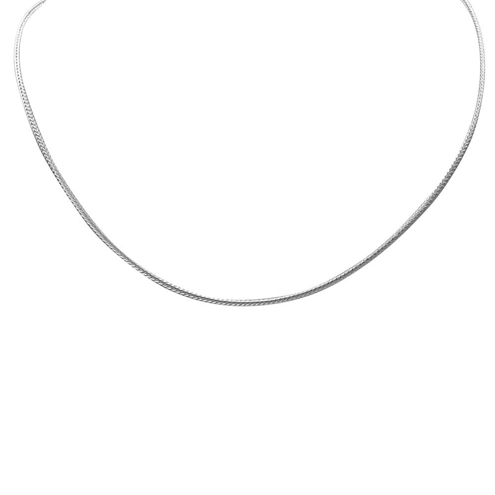 A silver wheat chain necklace with a length of 18 inches, displayed against a white background. Available at Be Charmed