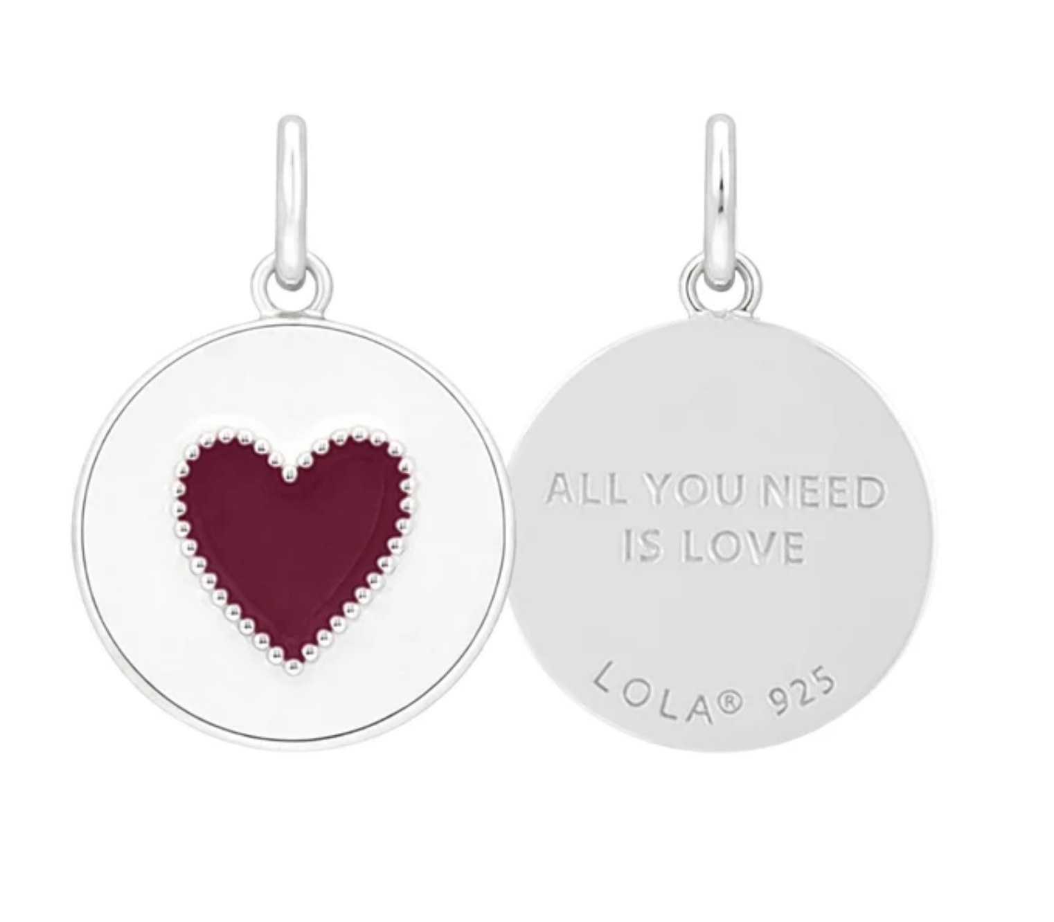 A Lola heart-shaped pendant in cranberry red. Available at Be Charmed