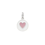Round Lola pendant with a pink heart on a white background. Available at Be Charmed