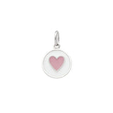Round Lola pendant with a pink heart on a white background. Available at Be Charmed
