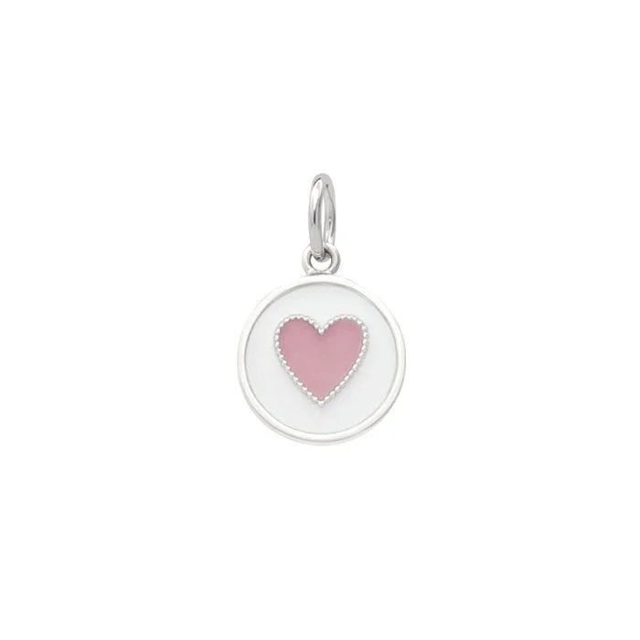 Round Lola pendant with a pink heart on a white background. Available at Be Charmed