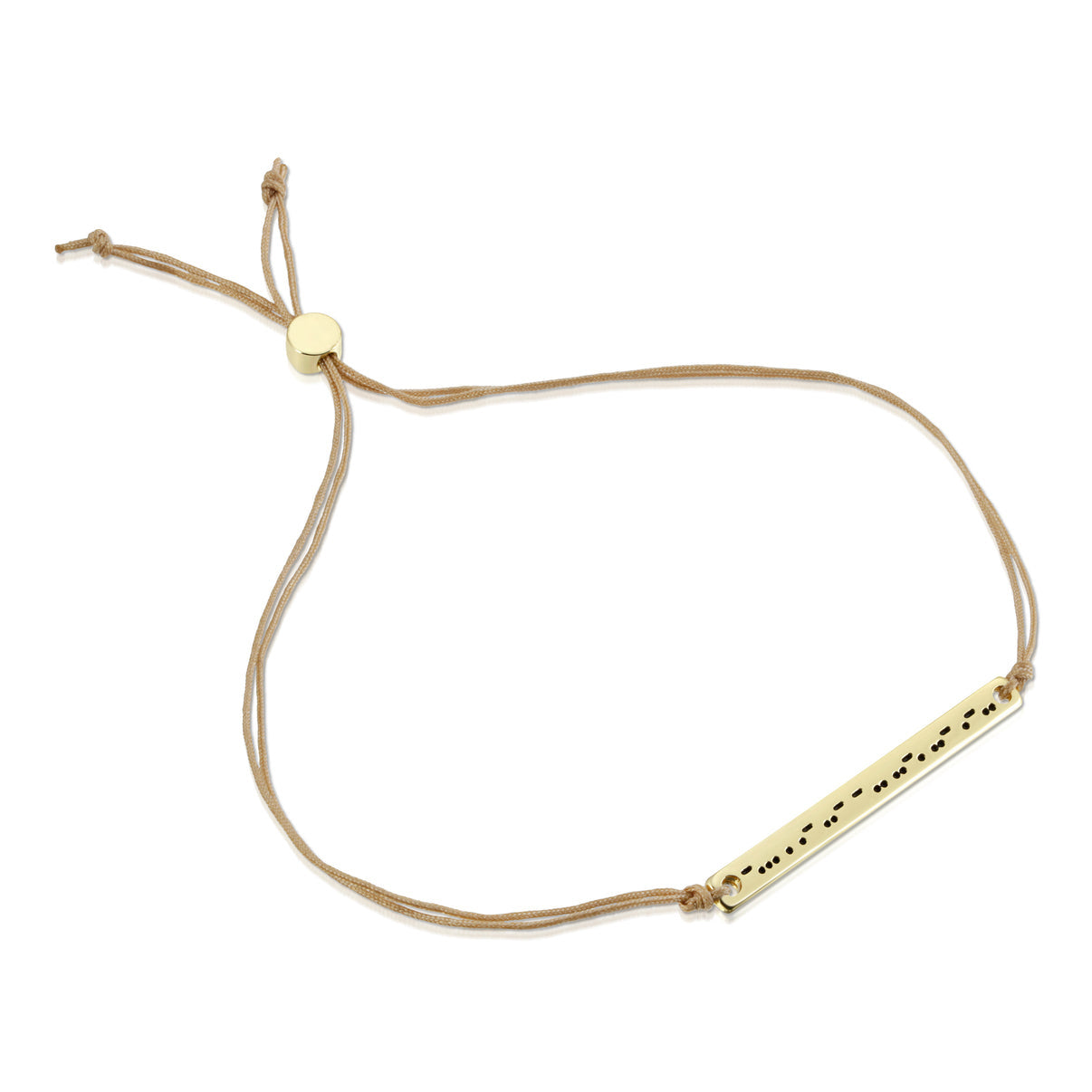 Lucky Feather Beautiful Morse Code Bracelet featuring a gold-dipped bar engraved with the word 'Beautiful' in Morse code, on an adjustable cord. Available at Be Charmed.