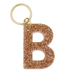 Lucky Feather Initial B Keychain featuring glittery acrylic letter charm with gold-tone hardware, personalized for each letter. Available at Be Charmed.