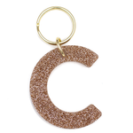Lucky Feather Initial C Keychain featuring glittery acrylic letter charm with gold-tone hardware, personalized for each letter. Available at Be Charmed.