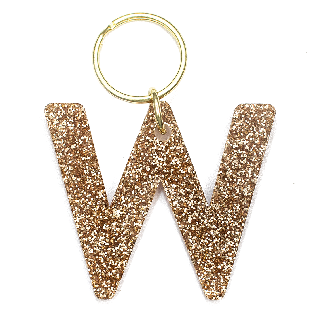 Lucky Feather Initial W Keychain featuring glittery acrylic letter charm with gold-tone hardware, personalized for each letter. Available at Be Charmed.
