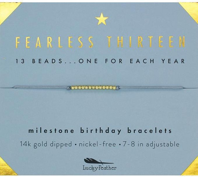 Lucky Feather Fearless Thirteen Milestone Birthday Bracelet with adjustable band and celebratory design, perfect for turning 13 – Available at Be Charmed