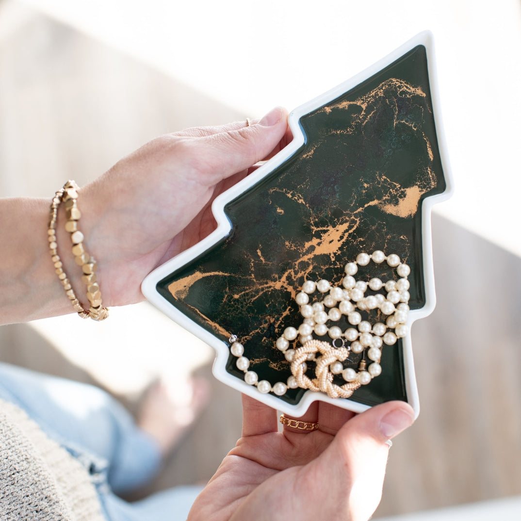 Lynn & Liana Christmas Tree Ceramic Tray in Jade – festive ceramic serveware for the holidays, available at Be Charmed