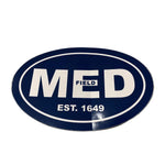 A navy-colored oval car sticker with the text MED, 'MEDFIELD' and EST. 1649. 