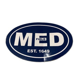 A navy-colored oval car sticker with the text MED, 'MEDFIELD' and EST. 1649. 