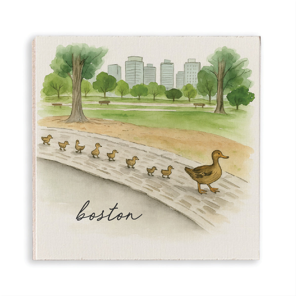 Rustic Marlin magnet with Illustration of ducks on a log with a park and city skyline in the background, labeled 'Boston'. Available at Be Charmed