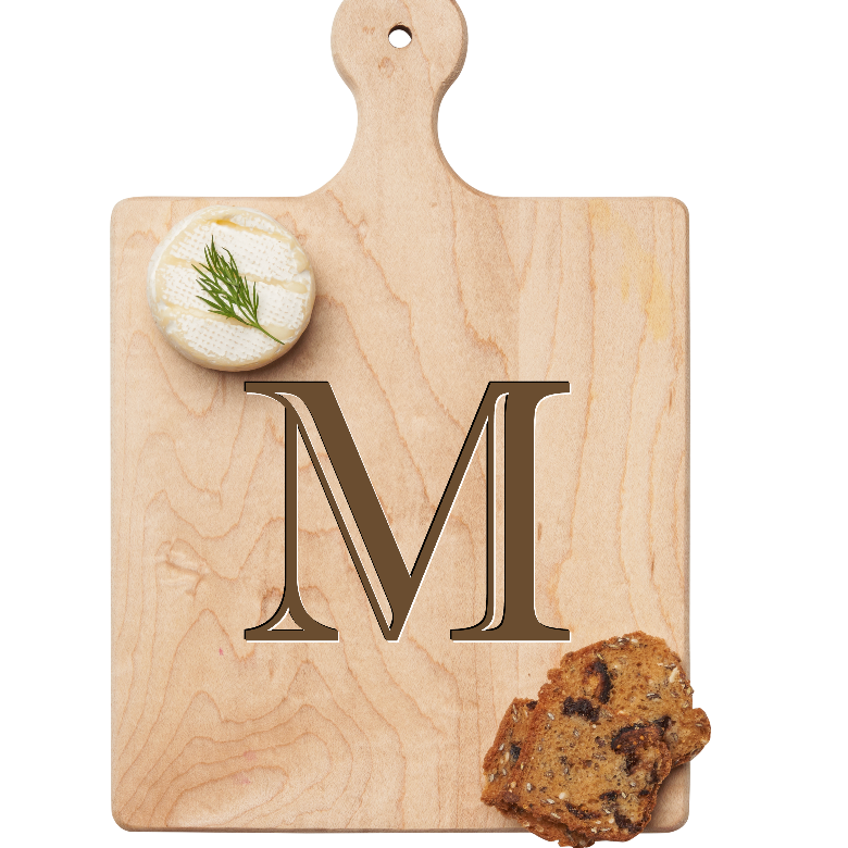 Maple Leaf 9x6 Initial Board M with Spreader. Personalized wooden serving board with monogram design. Perfect gift. Available at Be Charmed.