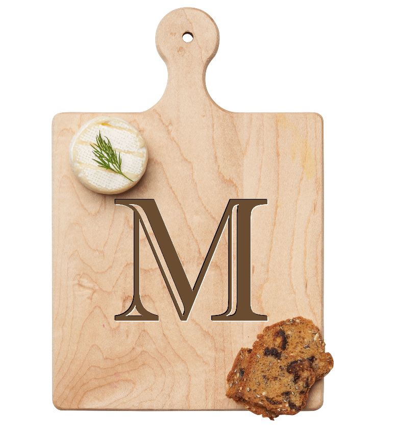 Maple Leaf 9x6 Initial Board M with Spreader. Personalized wooden serving board with monogram design. Perfect gift. Available at Be Charmed.